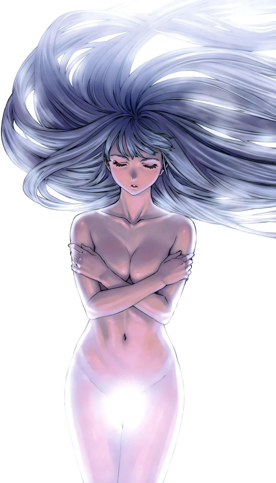 masterpiece,best quality,amazing quality,
<lora:lennethNAI:1>,l3nn3th,
silver hair,long hair,bangs,nude,censored,censored with bright lights,cowboy shot,closed eyes,parted lips,arms crossed on chest,flowing hair,white background,