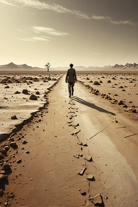 (absurd caricature), A solitary figure, wandering through a desolate landscape.