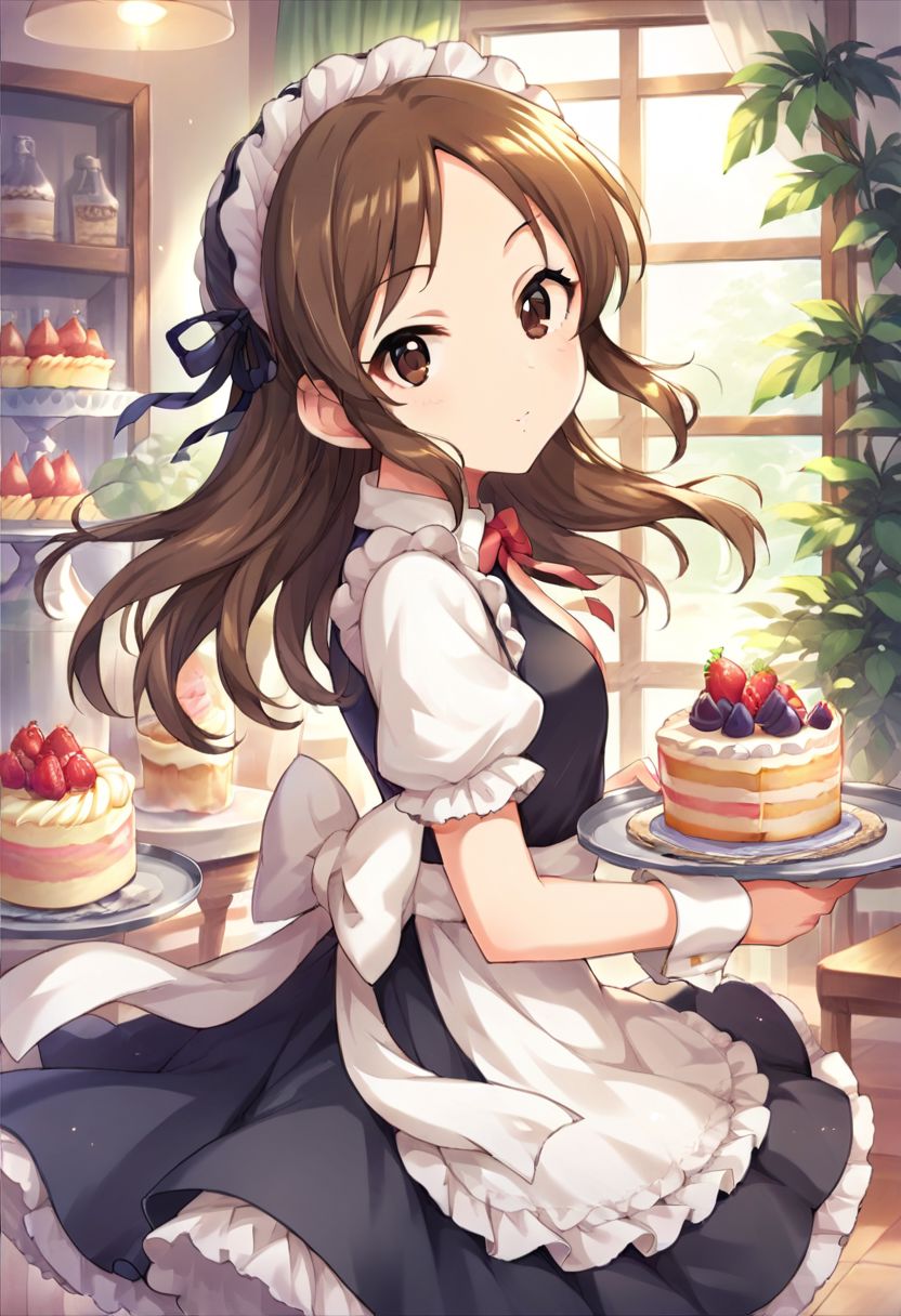 score_9, score_8_up, score_7_up, source_anime,tachibana arisu, brown eyes, brown hair, long hair, 1girl, solo, food, maid, maid headdress, fruit, cake, tray, looking at viewer