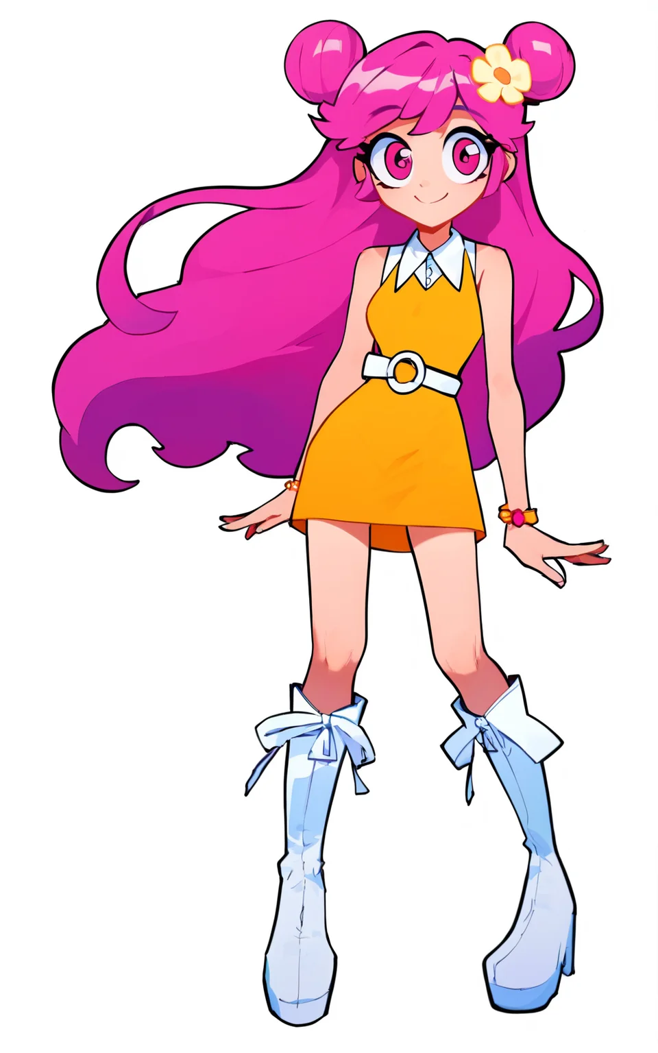 score_9, score_8_up, score_7_up,((best quality)), absurdres,((full body)),<lora:3d-2d:0.8>,  <lora:AmiOnukiPXL:0.8>,AmiOnukiPXL,pink hair, long hair, hair ornament, hair flower, hair buns, hair bun, double bun, pink eyes,bracelet, dress, knee boots, white boots, yellow dress,collared ,white belt, sleeveless,white background,slim