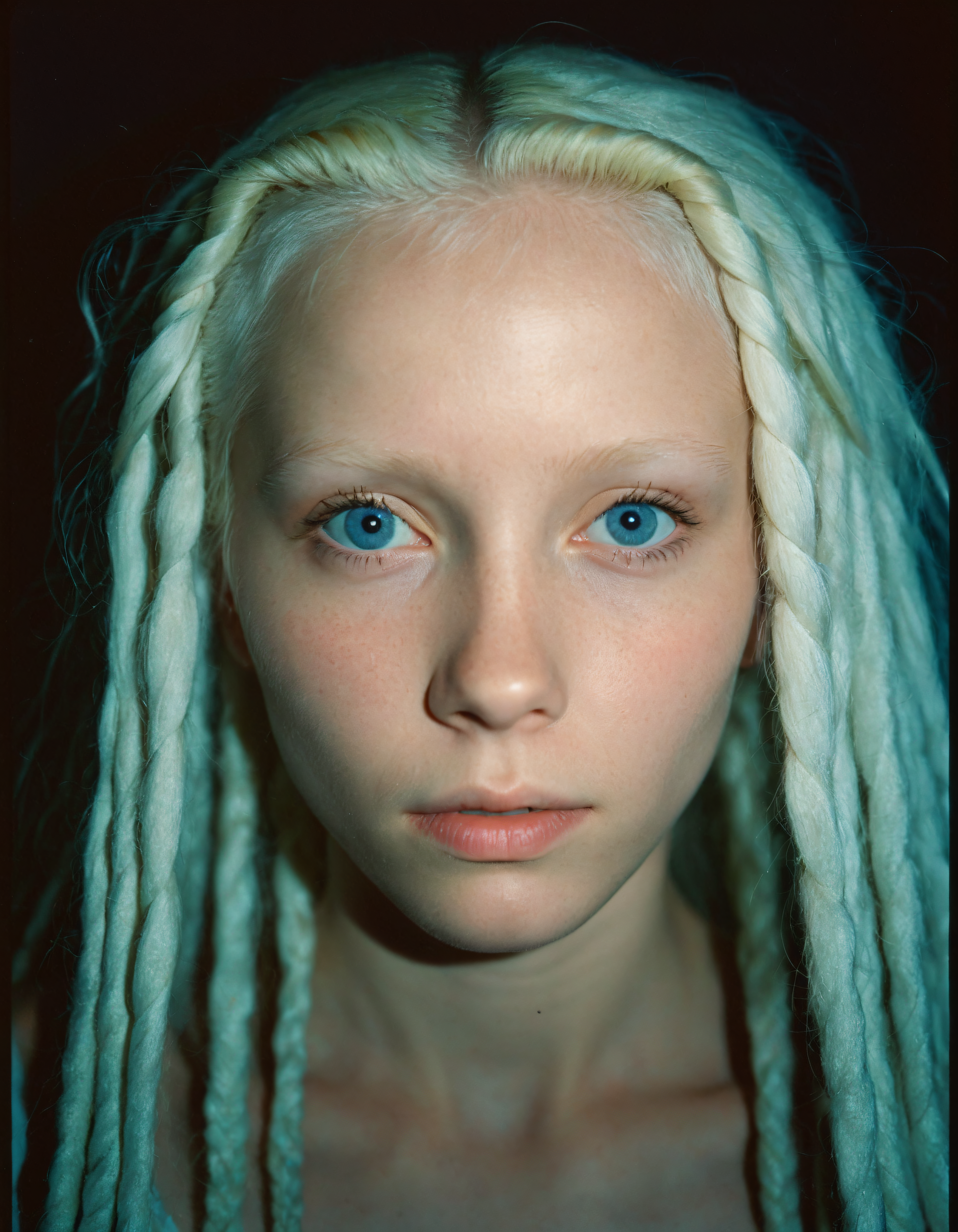 35mm film sample image, close up portrait of a 21 years old slim albino girl, sharp jawline, long white dreadlocks, blue eyes, pale skin, serious badass look, Dramatic lighting, Grainy, Lomography, lomoChrome, Analog Film, Kodak Ektar 100, Cinematic composition, Rule of thirds