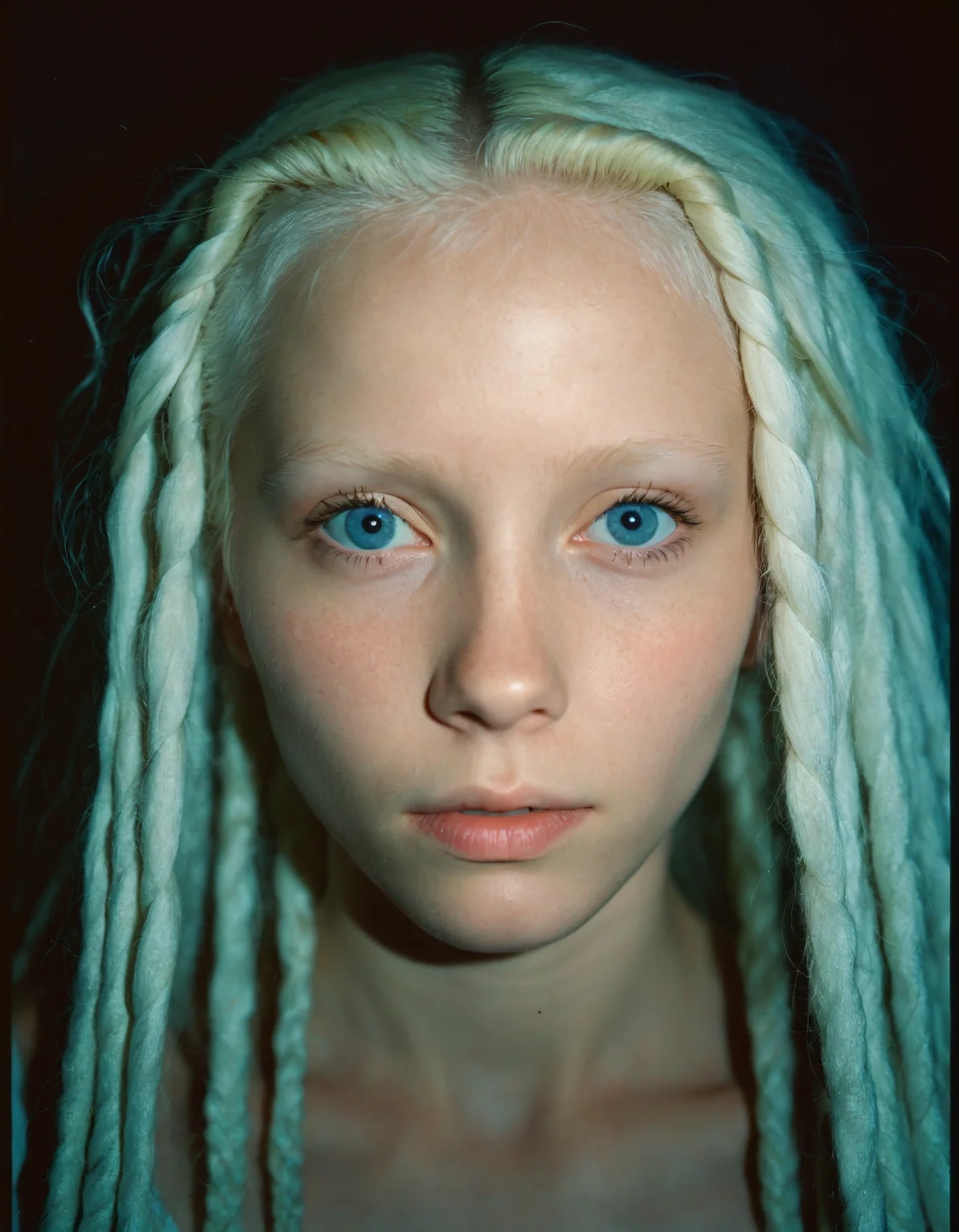 35mm film sample image, close up portrait of a 21 years old slim albino girl, sharp jawline, long white dreadlocks, blue eyes, pale skin, serious badass look, Dramatic lighting, Grainy, Lomography, lomoChrome, Analog Film, Kodak Ektar 100, Cinematic composition, Rule of thirds