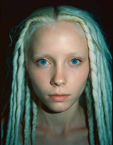 35mm film sample image, close up portrait of a 21 years old slim albino girl, sharp jawline, long white dreadlocks, blue eyes, pale skin, serious badass look, Dramatic lighting, Grainy, Lomography, lomoChrome, Analog Film, Kodak Ektar 100, Cinematic composition, Rule of thirds