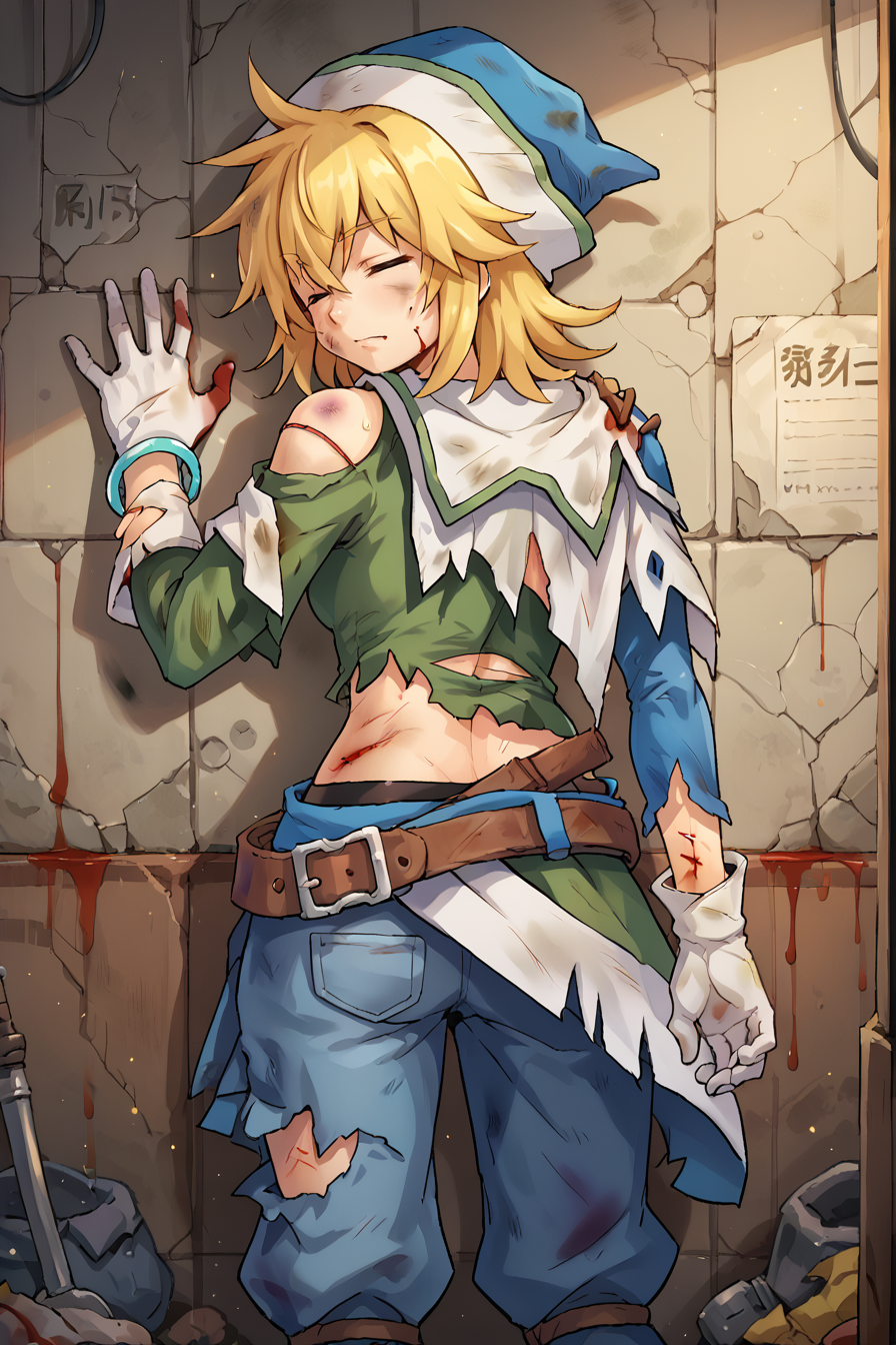 score_9, score_8_up, score_7_up, score_6_up, source_anime, BREAK, <lora:Cruz:0.9> , crdef, closed eyes, blonde hair, medium hair, hat, blue headwear, asymmetrical clothes, cross-laced clothes, side cape, white side cape, white gloves, mismatched sleeves, green sleeve, blue sleeve, blue bracelet, green shirt, baggy blue pants, belt, shoulder belt, solo, gasping, panting, looking at viewer, interior, dirty, against wall, back against wall, <lora:backgroundsetXL:0.3> , background,  <lora:1g0rXLP:0.5> , 1g0r,  <lora:Battle_Damage:0.6> , BattleDamage, cuts, bruises, damaged, torn clothes, blood,