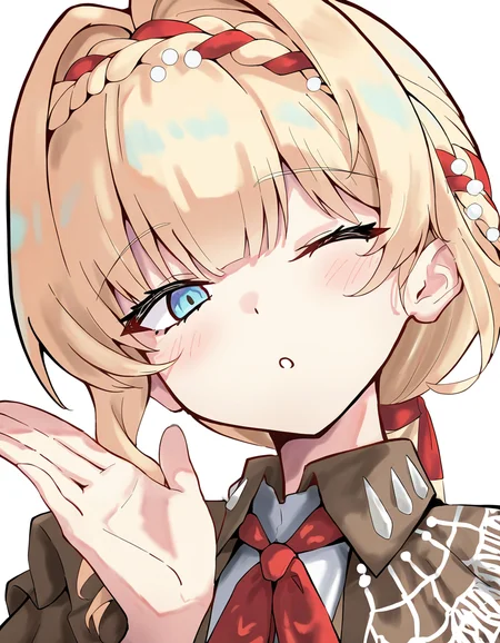 1girl,solo,kubohuahuan,looking at viewer,white background,simple background,<lora:kubohuahuan-000012:1>,one eye closed,, masterpiece, best quality, very aesthetic, absurdres,newest, incredibly absurdres,, toshizou \(0714\)