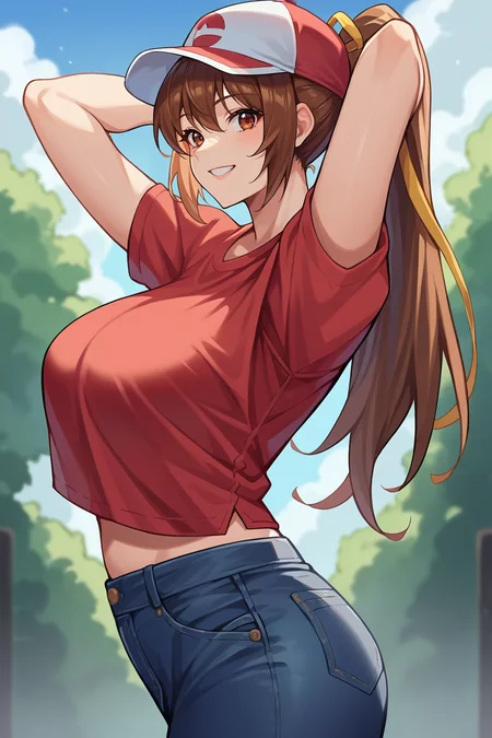 score_9, score_8_up, score_7_up, score_6_up, source_anime, BREAK 1girl, solo <lora:doakasumi-pdxl-nvwls-v1-000006:1> doakasumi, brown hair, ponytail, hair ribbon, large breasts, red t-shirt, jeans, baseball cap, arms behind head, blue sky, from side, smile