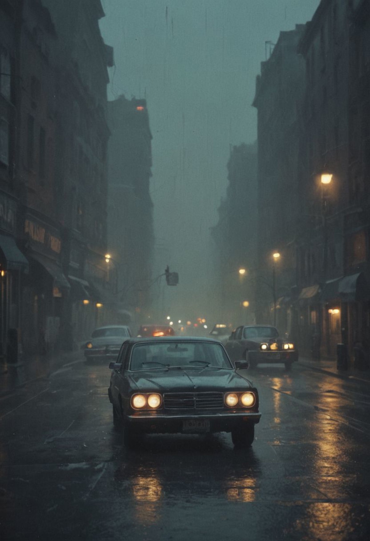 50s old noir cinema; New York, night, fog and rain, taxi cab; an old detective in a hat, smoking a cigarette; dramatic light, cinematic, dark, moody light, film grain, kodak film, old film colors, IMAX 135mm