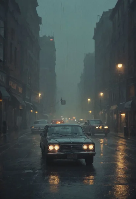 50s old noir cinema; New York, night, fog and rain, taxi cab; an old detective in a hat, smoking a cigarette; dramatic light, cinematic, dark, moody light, film grain, kodak film, old film colors, IMAX 135mm