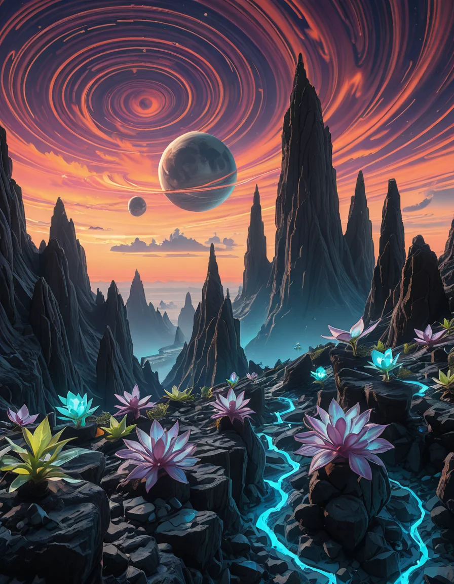 A breathtaking alien planet with a surreal and otherworldly landscape. The terrain is vast and diverse, featuring towering jagged rock formations with glowing bioluminescent veins running through them. The ground is covered in a mix of iridescent sand and patches of strange, luminescent plant life that emit a soft, pulsating glow. In the distance, a massive gas giant with swirling colorful clouds dominates the sky, accompanied by multiple moons of varying sizes. The atmosphere is thick with misty, swirling vapors, casting an ethereal glow over the horizon. Floating islands hover in the sky, defying gravity, with cascading waterfalls that vanish into the mist below. Strange, spire-like structures—either natural formations or remnants of an ancient civilization—rise from the landscape, adding a sense of mystery. The sky is a mesmerizing blend of deep purples, blues, and fiery oranges, with twin suns casting dramatic, elongated shadows. The scene is immersive, evoking a sense of wonder and discovery on an uncharted alien world.
<lora:SDXLFaeTastic2400:0.4> <lora:extremely_detailed:0.4> extremely detailed, <lora:alien_pl4n3t-ill:1>,alien pl4n3t, Masterpiece,best quality,hi res,8k,hi res,8k,award winning,(sharp focus, intricate, highly detailed),