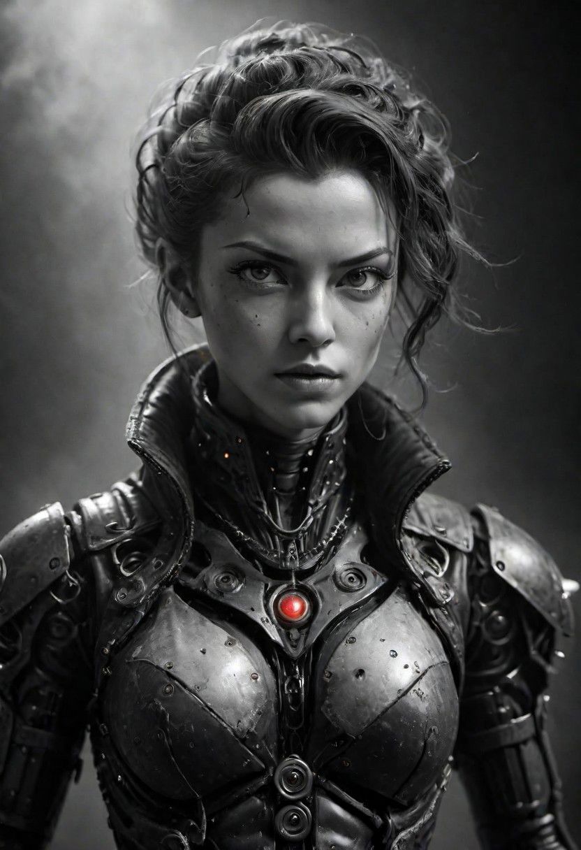 super closeup portrait, Amidst the smoky haze of the 1940s noir, Sin City style closeup, monochrome with red highlights, action pose, fists up, dynamic scene, Capture the intense science fiction spirit of a 1940s Female steampunk boxer looking like white skinned spike spiegel from cowboy bebeop equipped with advanced used looking exoskeleton technology, standing confidently in the ring with an eager gaze towards the camera.
very detailed, raw photo, photorealistic