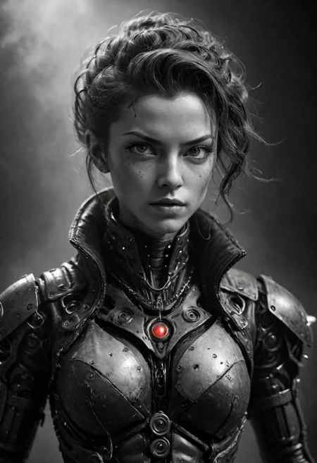 super closeup portrait, Amidst the smoky haze of the 1940s noir, Sin City style closeup, monochrome with red highlights, action pose, fists up, dynamic scene, Capture the intense science fiction spirit of a 1940s Female steampunk boxer looking like white skinned spike spiegel from cowboy bebeop equipped with advanced used looking exoskeleton technology, standing confidently in the ring with an eager gaze towards the camera.
very detailed, raw photo, photorealistic
