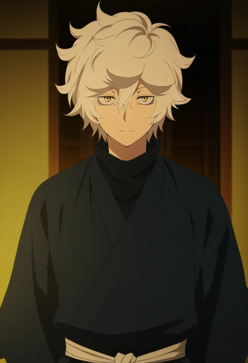 masterpiece, best quality, , anime screencap, anime coloring, official style, looking at viewer, 1boy, solo, male focus, <lora:gabimaru_jigokuraku_ilxl:0.92>, gabimaru_jigokuraku, white hair, yellow eyes, hair between eyes, short hair, messy hair, japanese clothes, ,