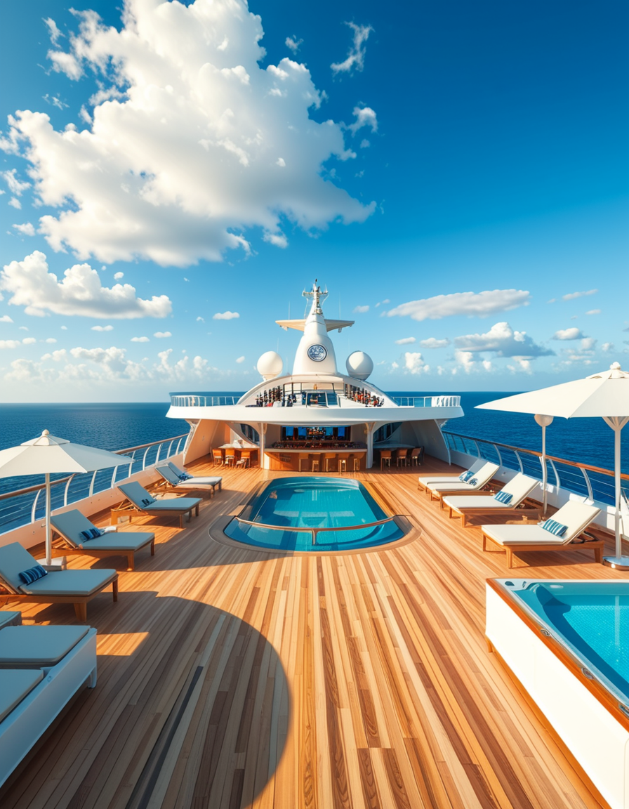 A wide, high-resolution view of the upper deck of a modern luxury cruise ship, completely empty of people. The deck features a clean, polished teak wood floor and sleek white railings along the edges. Several neatly arranged lounge chairs line both sides, with large white parasols providing shade. In the center of the deck, a crystal-clear swimming pool reflects the blue sky, with no one in or around it. To one side, a stylish bar area with a curved canopy stands closed, with colorful bottles and barstools neatly arranged. The background reveals the endless ocean meeting the horizon, under a bright, cloud-speckled blue sky. The lighting is natural daylight, casting soft shadows and highlighting the modern, serene, and luxurious ambiance of the cruise ship deck. No signs of human presence â everything is pristine, calm, and ready for guests.
<lora:SDXLFaeTastic2400:0.4> <lora:extremely_detailed:0.4> extremely detailed,<lora:luxury_cru1s3_sh1p:1>,luxury cru1s3 sh1p, Masterpiece,best quality,hi res,8k,hi res,8k,award winning,(sharp focus, intricate, highly detailed),