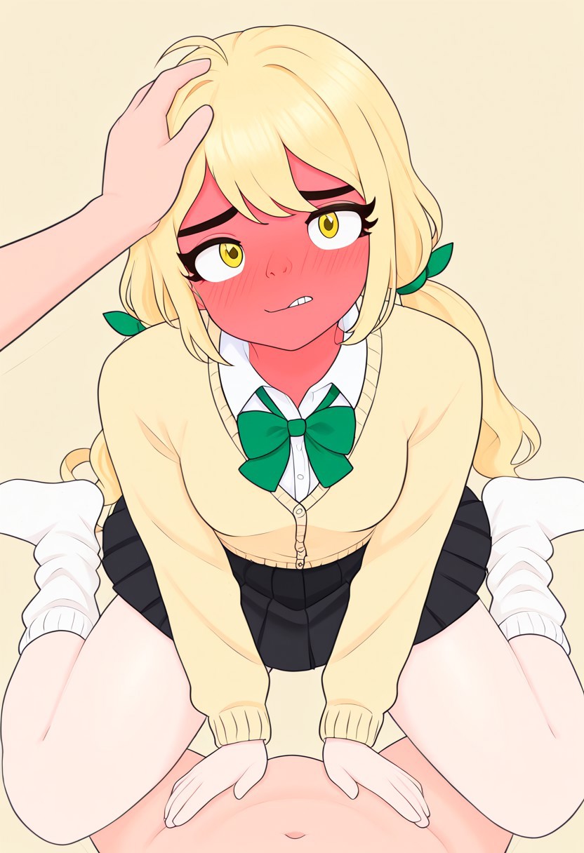 straight eyelashes, oval eyes, anime face style, lighting style, shading style, 
karaneinda, 1girl, long hair, yellow eyes, hair ribbon, ribbon, low twintails, shirt, collared shirt, school uniform, cardigan, green ribbon, blonde hair, pleated skirt, very long hair, miniskirt, black skirt, smile, white legwear, loose socks
female focus, dynamic pose, delicate facial features, soft lighting, clean lineart, anime style, 
pov, pov_hands, shy, profile, angry, headpat, head tilt, assertive female, rectangular mouth, narrowed eyes, pov, hand pov, solo focus, full-face blush,avoid eyes,from above,
