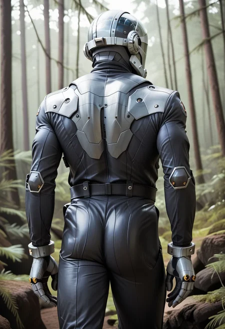 score_9, score_8_up, score_7_up, male android, [watch, : : 0.4 ] from behind, hyperrealistic, tight uniform, black futuristic bodysuit, robotic body, big male butt, DarkFantasy, covered face, helmet, robotic hands, dark forest background, muscular butt, zPDXLxxx, black sexy outfit, reflexive, dark forest background, exposed butt, hairy butt, Sci-fi Environments, scifi, retro futurism, atompunk