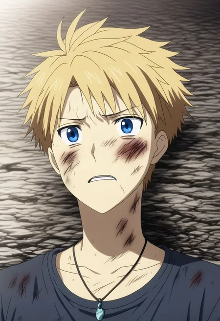 high resolution, solo, best quality, 1Boy, Yamato Ishida, Blond Hair, Blue Eyes, Necklace, fell down, kidnap, conquered, dying, battered, bruised, OverallDetail