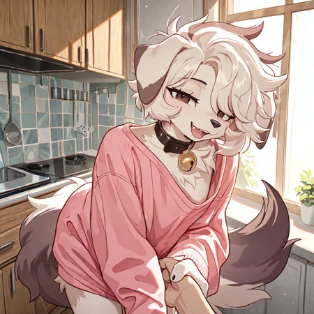 masterpiece, best quality, newest, absurdres, highres, furry, perfect anatomy, detailed background, detailed character, detailed face, 1nf1,1girl,solo,furry,furry female,dog girl,dog ears,short hair,white hair,brown eyes,snout,animal nose,collar,neck bell,body fur,two-tone fur,dog tail, indoors, kitchen, pancakes, pink shirt, oversized shirt, shirt to legs, sleepy, messy hair, messy fur, smile, happy, standing, baggy eyes, half-closed eyes, ambiant lighting, sunlight through window, having fun, laughing, looking to side, looking at viewer, holding hands, human viewer,