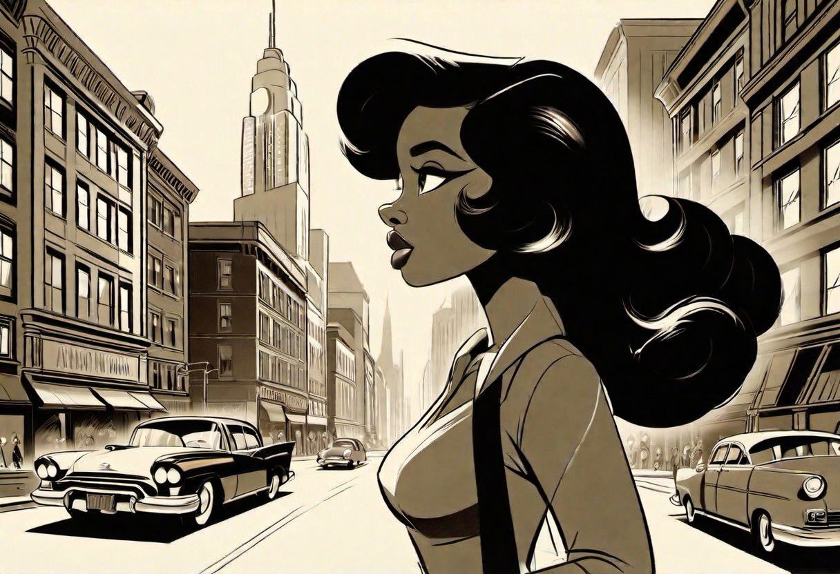 a woman downtown   <lora:BW_Vintage_Cartoon:1.0>