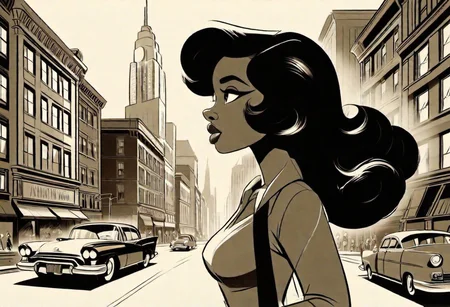 a woman downtown <lora:BW_Vintage_Cartoon:1.0>