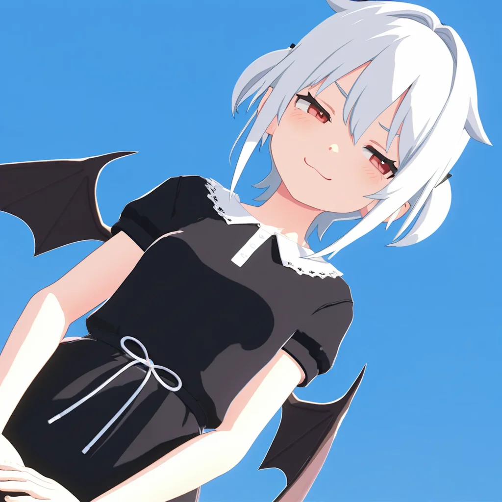 masterpiece, extremely detailed, high resolution, high-definition, 8k, 3d, red eyes, white hair, smug, smile, black dress, bat wings, <lora:3dvector-artstyle-000030:0.6>