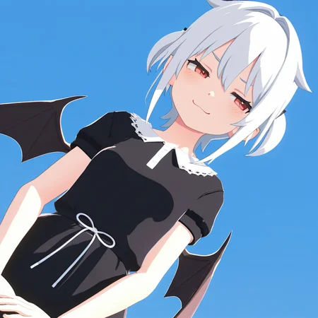 masterpiece, extremely detailed, high resolution, high-definition, 8k, 3d, red eyes, white hair, smug, smile, black dress, bat wings, <lora:3dvector-artstyle-000030:0.6>