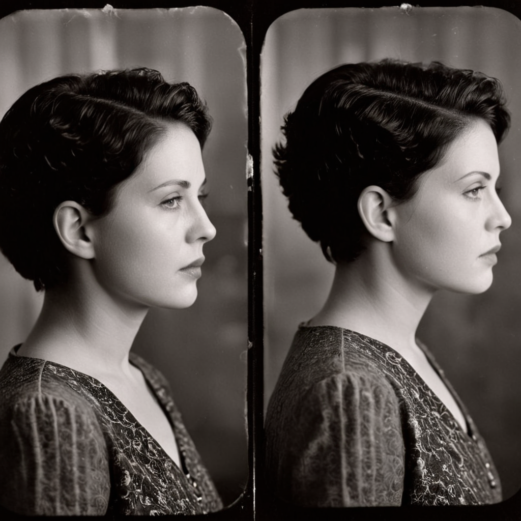 cinematic film still of <lora:add-detail-xl:0.1>1
<lora:detailed:0.2>
<lora:perfection style:0.2>
<lora:eyetune:0.5>
<lora:xl_more_art-full_v1:0.3>
<lora:Ron Fricke style:0.3>
<lora:Unreal Engine style:0.2>
<lora:TeethXL:1>
<lora:Chiaroscuro Lighting Style:0.3>
 <lora:american bandits style:0.9>
 <lora:1930's style:0.3>
In the 1930's two mug shots of a woman with a haircut,black hair,1boy,closed mouth,monochrome,greyscale,male focus,english text,profile,multiple views,traditional media,messy hair,portrait,curly hair,realistic , crime movie themed, sharp, detailed, epic cinematic photography, artistic, dramatic light, cinematic color style, Kodak film style, american bandits style, shallow depth of field, vignette, highly detailed, high budget, bokeh, cinemascope, moody, epic, gorgeous, film grain, grainy