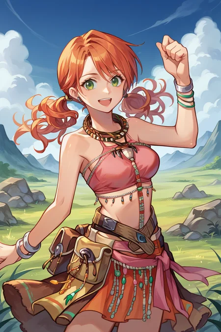 score_9, score_8_up, score_7_up, source_anime BREAK 1girl, solo, <lora:vanille-pdxl-nvwls-v1:1> vanille, twintails, green eyes, tribal jewelry, necklace, bracelet, beads, pink crop top, belt, sarong, clothes around waist, waist up, rock formations, blue sky, field, landscape, cloud trails, looking at you, happy, open mouth, medium breasts