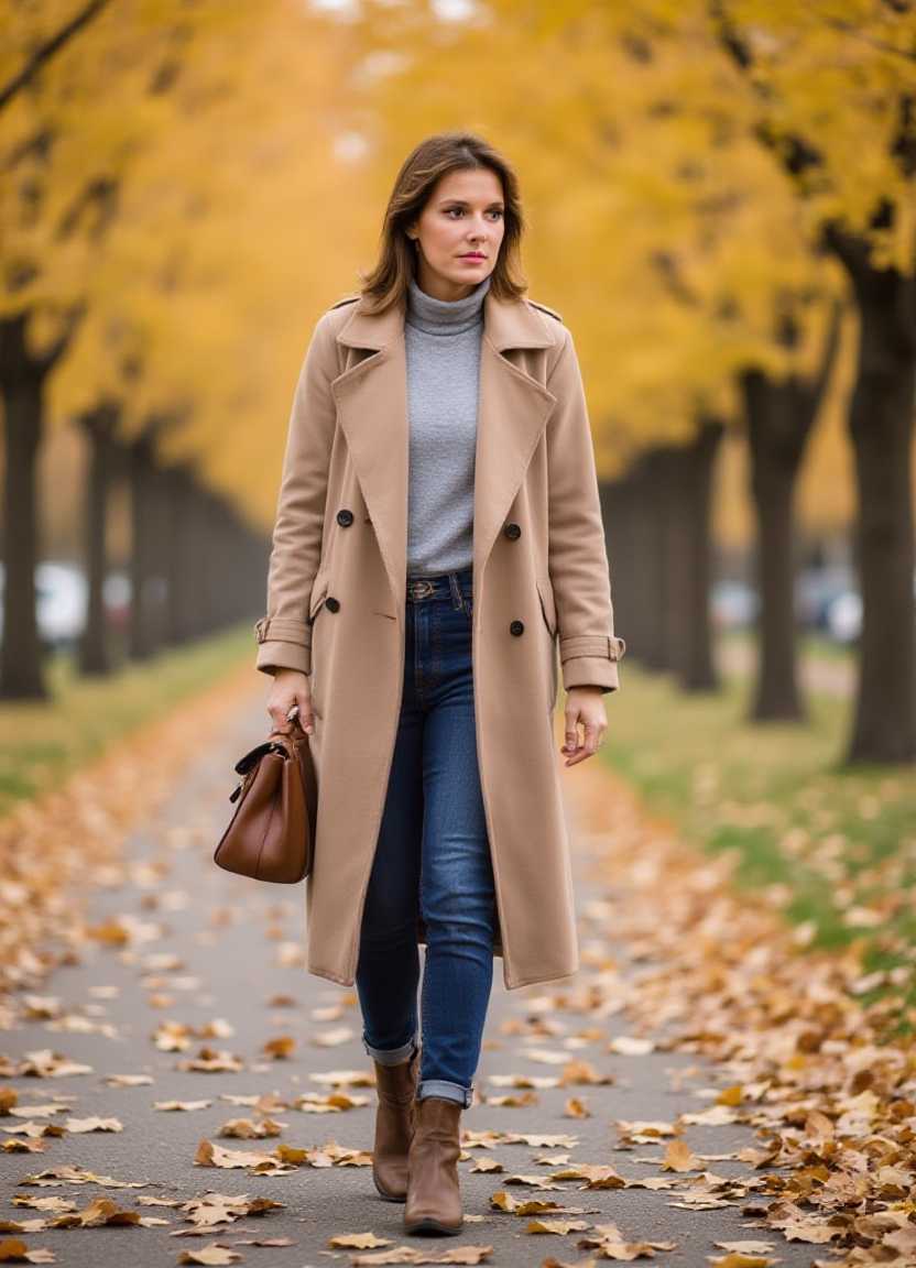 SFW, The image shows a woman walking in a park during autumn. She is wearing a long beige trench coat, a grey turtleneck sweater, blue jeans, and brown ankle boots. She has a brown handbag slung over her shoulder and is looking off to the side with a serious expression on her face. The trees in the background are covered in yellow leaves, indicating that the photo was taken during the fall season. The ground is covered in fallen leaves, creating a beautiful contrast with the warm colors of the trees., aidmaimageupgrader<lora:flux\custom\celebrity\amanda-bearse.safetensors:1.0:1.0> <lora:turbo-8-step-flux.safetensors:0.5:0.5> <lora:flux\style\Common\aidmaImageUprader-FLUX-v0.3.safetensors:0.25:0.25>