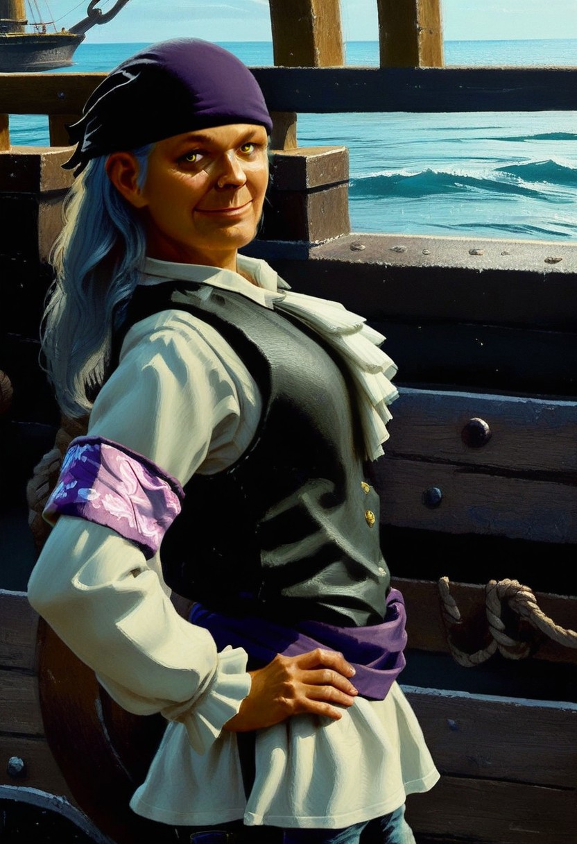 score_9_up, score_8_up, score_7_up, score_6_up, 1girl, solo, n4tasha_PY, yellow eyes, pirate, grey hair, long hair, bandana, white shirt, black vest, purple sash, armband, ascot, denim jeans, proud smile, hands on hips, standing on the deck of a pirate ship, blue sky, sunshine, (realistic, painted art)
