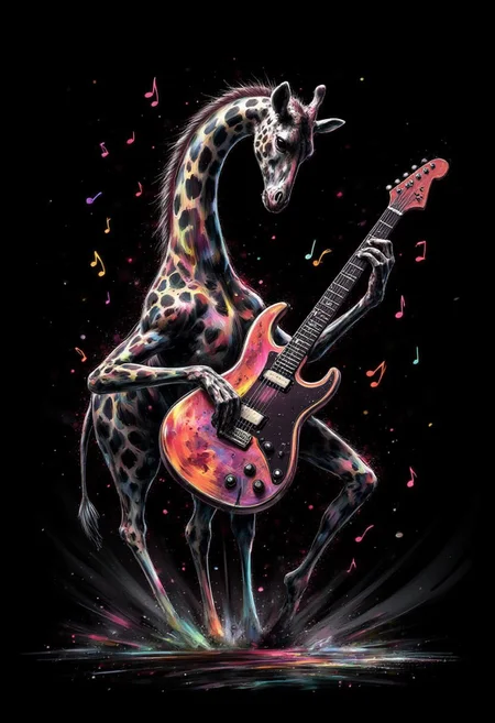 cinna flow, rainbow ink splats, monochrome, Imagine an electric guitar musical instrument being passionately played by a giraffe, musical notes floating around the surreal guitar, the musical notes are also shaped like tiny giraffes, the background has a dark theme to give good contrast against the foreground to make it pop out, a smoke machine is out of view but you can see the smoke lightly winding through the lower portion of the image, stage lights add to the dramatic effect. Very detailed, vibrant colors