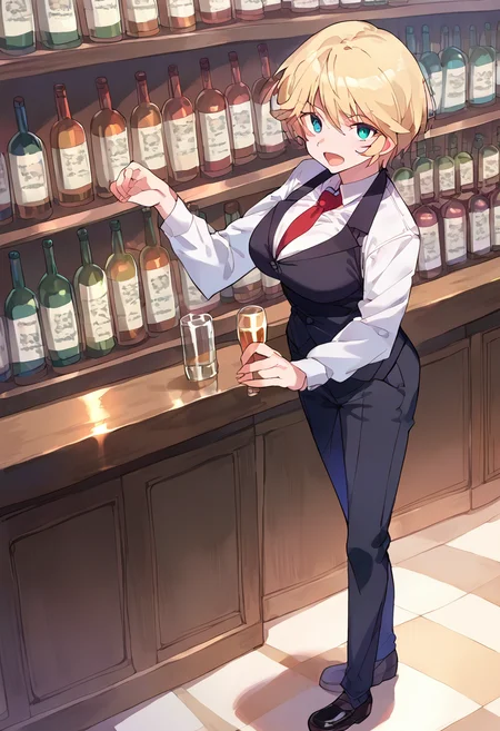 score_9,score_8_up,score_7_up,source_anime,zPDXL3,
*//*,<lora:Aria_Kimura-v1.0-000001:1>,1girl,solo,aria_kimura,blonde hair,short hair,blue eyes,red necktie,black pants,black vest,white shirt,long sleeves,formal,black footwear,open mouth,large breasts,bartender,bar (place),bottle,
*//*,looking at viewer,cowboy shot,