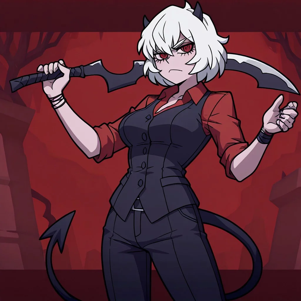masterpiece, best quality, newest, absurdres, highres, anime, anime style, holding sword, holding weapon, holding, KHV1.0, khopesh, sword, weapon, 1girl, malina \(helltaker\), demon girl, short hair, white hair, horns, demon tail,