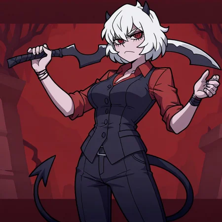 masterpiece, best quality, newest, absurdres, highres, anime, anime style, holding sword, holding weapon, holding, KHV1.0, khopesh, sword, weapon, 1girl, malina \(helltaker\), demon girl, short hair, white hair, horns, demon tail,