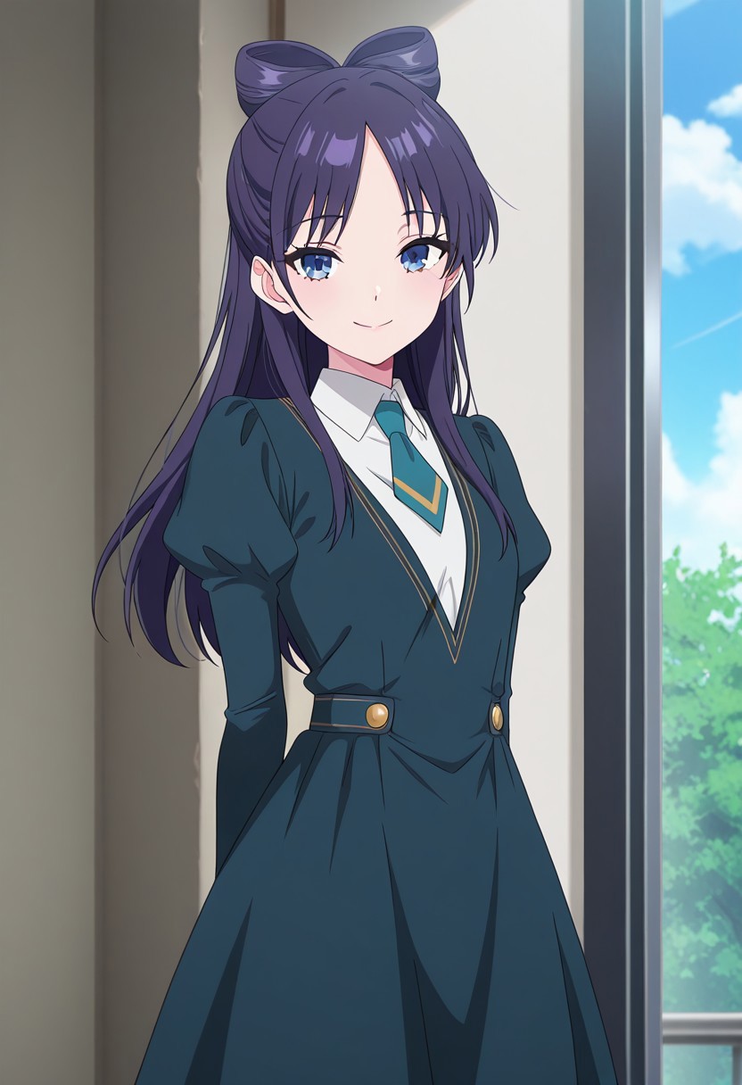 (absurdres, best quality, masterpiece:1.4), amazing quality, highres, newest, detailed, detailed body, detailed face, source anime, anime coloring, beautiful, petite, 
BREAK
WWNemu, 1girl, solo, standing, smile, NemuAniHu, dark purple hair, bow-shaped hair, parted bangs, half updo, blue eyes,  v-neck dress, white inner collared shirt, Short necktie, juliet sleeves, long skirt, side pockets