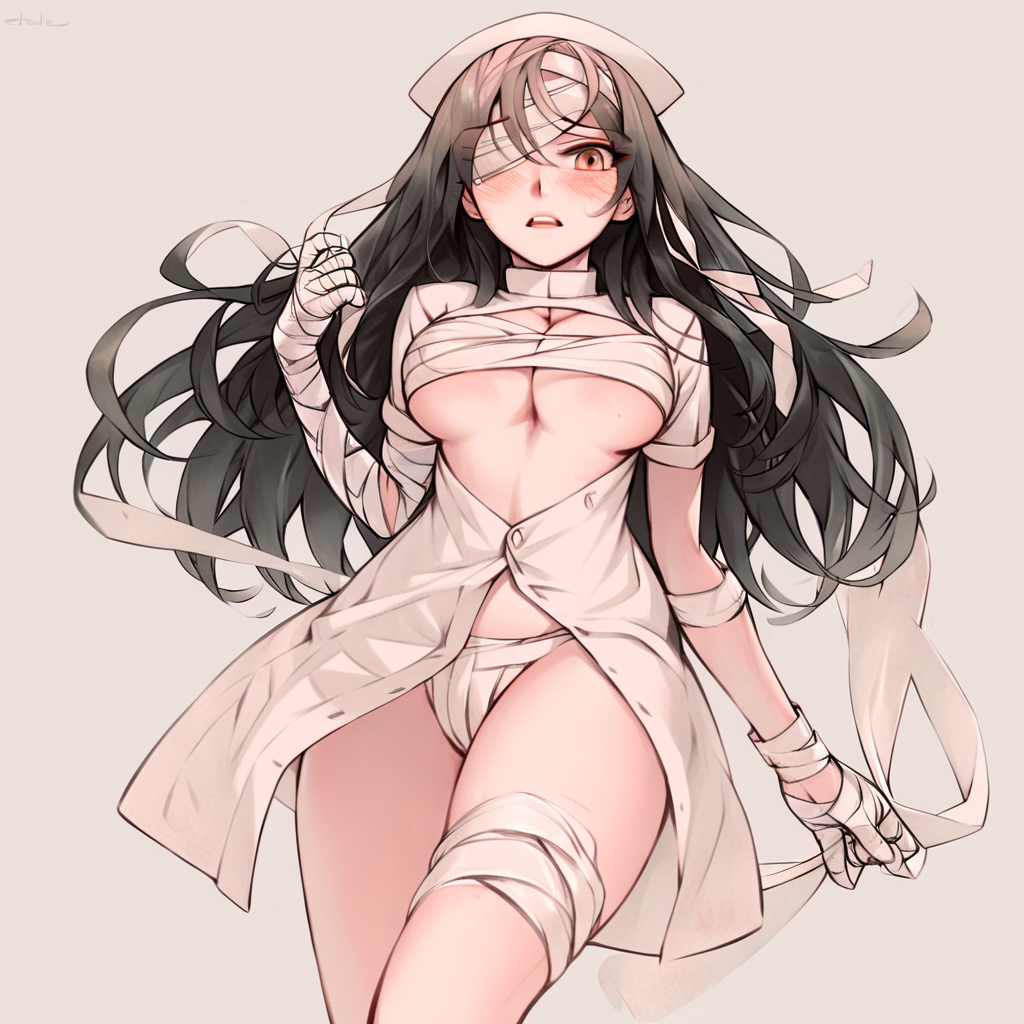 score_9, score_8_up, 1girl, bandages, large breasts, nurse cap, bandage over one eye, long hair, original, looking at viewer, hat, simple background, brown eyes, blush, eyepatch, underwear, black hair, panties, open clothes, open dress, underboob