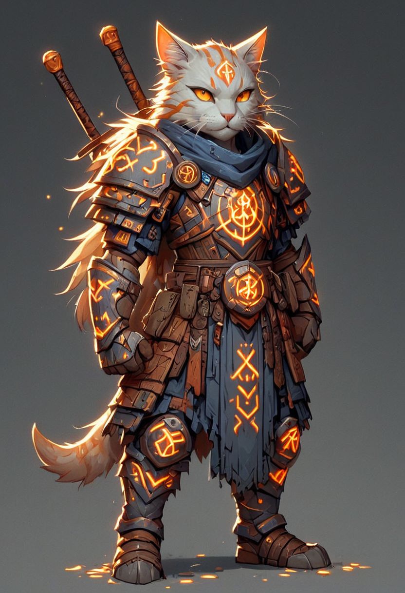 Full body, cat samurai, light grey cat armour, claws, sickly gray, torn clothes, small faint white orange glowing runes, blue eyes, big cat tail, holding katana sword, fireflies