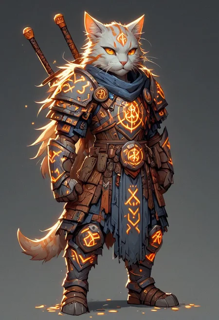 Full body, cat samurai, light grey cat armour, claws, sickly gray, torn clothes, small faint white orange glowing runes, blue eyes, big cat tail, holding katana sword, fireflies