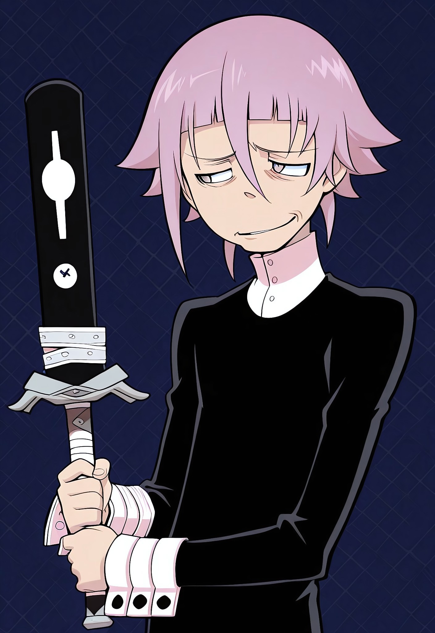 lazympos,souleaterstyle,male focus,solo,1boy,crona,Ragnarok \(demon sword\),costanza face,skeptical expression,smirk,narrowed eyes,holding object