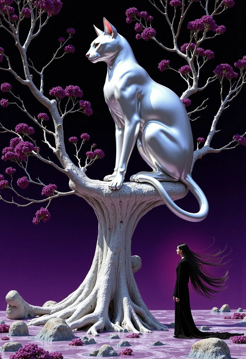 ancientstyle, abstract digital art, a giant cat made out of pure shining silver metal sits on a large tree looking down. A small woman in black robes looks up at the cat her long black hair flowing in the wind. Intricate dot and line patterns, purple and black background, wavy patterns, surreal, hypnotic, otherworldly, fluid motion, high contrast, minimalistic, dark background, vibrant colors, psychedelic, low-angle_view