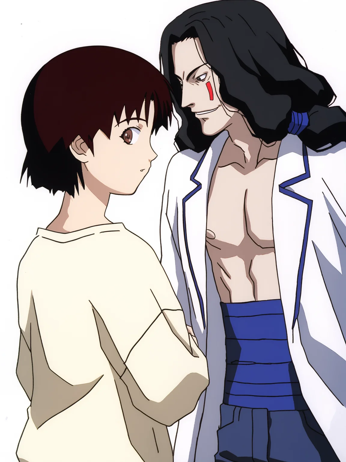 score_9, source_anime, masterpiece, best quality, <lora:Masami Eiri_PDXLv0.5:0.7> white background, masami eiri \(sel\), looking at another ADDCOL iwakura_lain_\(sel\), oversized tan shirt, looking back,