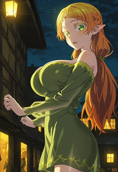 masterpiece, best quality, amazing quality, very aesthetic, absurdres, newest, scenery, 1girl, solo, huge breasts, surprised, blush, open mouth, <lora:Sui illustxl:0.9> pointy ears, elf, blonde hair, long hair, green eyes, colored eyelashes, orange hair, forehead jewel, low twintails, french braid, gradient hair, red gemstone, green dress, off-shoulder dress, see-through, long sleeves, short dress, shiny skin, village, party, dark, night, outdoors, from side, looking at viewer, anime screenshot, masterpiece, best quality, amazing quality, very aesthetic, absurdres, newest, scenery, volumetric lighting