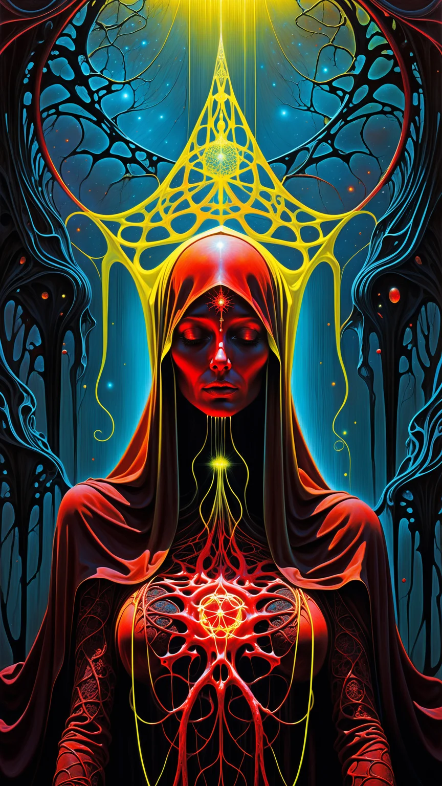 masterpiece, best quality, ultra high res, extremely detailed, (psychedelic art:1.4), woman, veil, visually stunning, beautiful, award-winning illustration, cosmic space background, ethereal atmosphere, neon yellow bloody veins growing and intertwining out of the darkness, oozing thick red blood, veins growing and pumping blood, vascular networks growing, connecting, explanding, red veins everywhere, zdzislaw beksinski, a mind flayer, (Muted colors:1.1), (Repetition:1.1), (Infrared:1.2), Rust, wired cable, ultra detailed, intricate, oil on canvas, ((dry brush, ultra sharp)), (surrealism:1.1), (disturbing:1.1), beksinski style painting, sparks, lensflare, rim lighting, backlighting, Bracelet, RTX, Post Processing, satanic pentagram