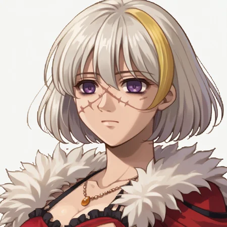 score_9, score_8_up, score_7_up, source_anime, 1girl, solo, expressionless
<lora:zs_SkyPortraitsXL:1> skyportraits, portrait, white background
<lora:evaroux-cv-richy-v1_pdxl:1> evaroux, purple eyes, white hair, yellow hair, streaked hair, short hair, scar on face, scar, large breasts, necklace, red dress, torn clothes, cleavage, arm straps, fur collar