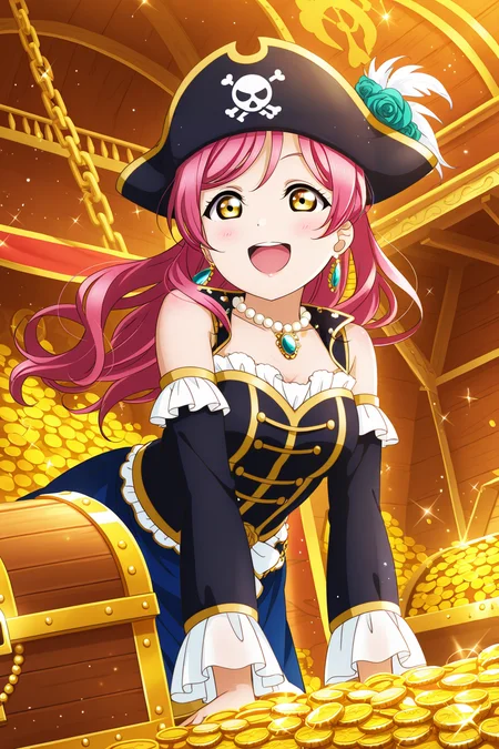 <lora:Love_Live:1>, Love Live, 1girl, pink hair, hat, solo, gem, long hair, jewelry, flower, pearl \(gemstone\), open mouth, smile, pirate hat, gold, treasure chest, rose, coin, chain, detached sleeves, yellow eyes, pearl necklace, necklace