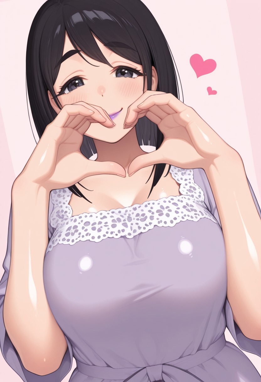 lunchdattamono, , 1girl, solo, medium build, medium hair, sfw, safe for work, covered skin, flowy dress,  black eyes, purple lipgloss, smiling, portrait, upper body, heart hands, mature female, foreshortening, detailed, newest, shiny skin, cowboy angle, solo focus, medium breasts,