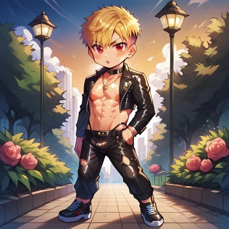 score_9, score_8_up, score_7_up, score_6_up, masterpiece, uncensored, best quality, amazing quality, best aesthetic, absurdres, intricate details, source_anime, yaoi, gay, full body BREAK 1boy, 18 years old, blonde hair, pixie cut, red eyes, pecs, nipples, black blazer, revealing clothes, black leather shoes, black pants, necklace BREAK dynamic pose BREAK outdoors, park, flower, pink rose, Sunset, ch3b3sq4at
