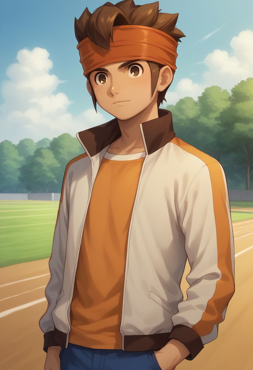 score_9, score_8_up, score_7_up, source_anime, highly detailed,
endou, 1boy, male focus, headband, solo, brown hair, brown eyes, jacket, pants, open jacket, track jacket, orange shirt, blue pants, upper body,
outside,