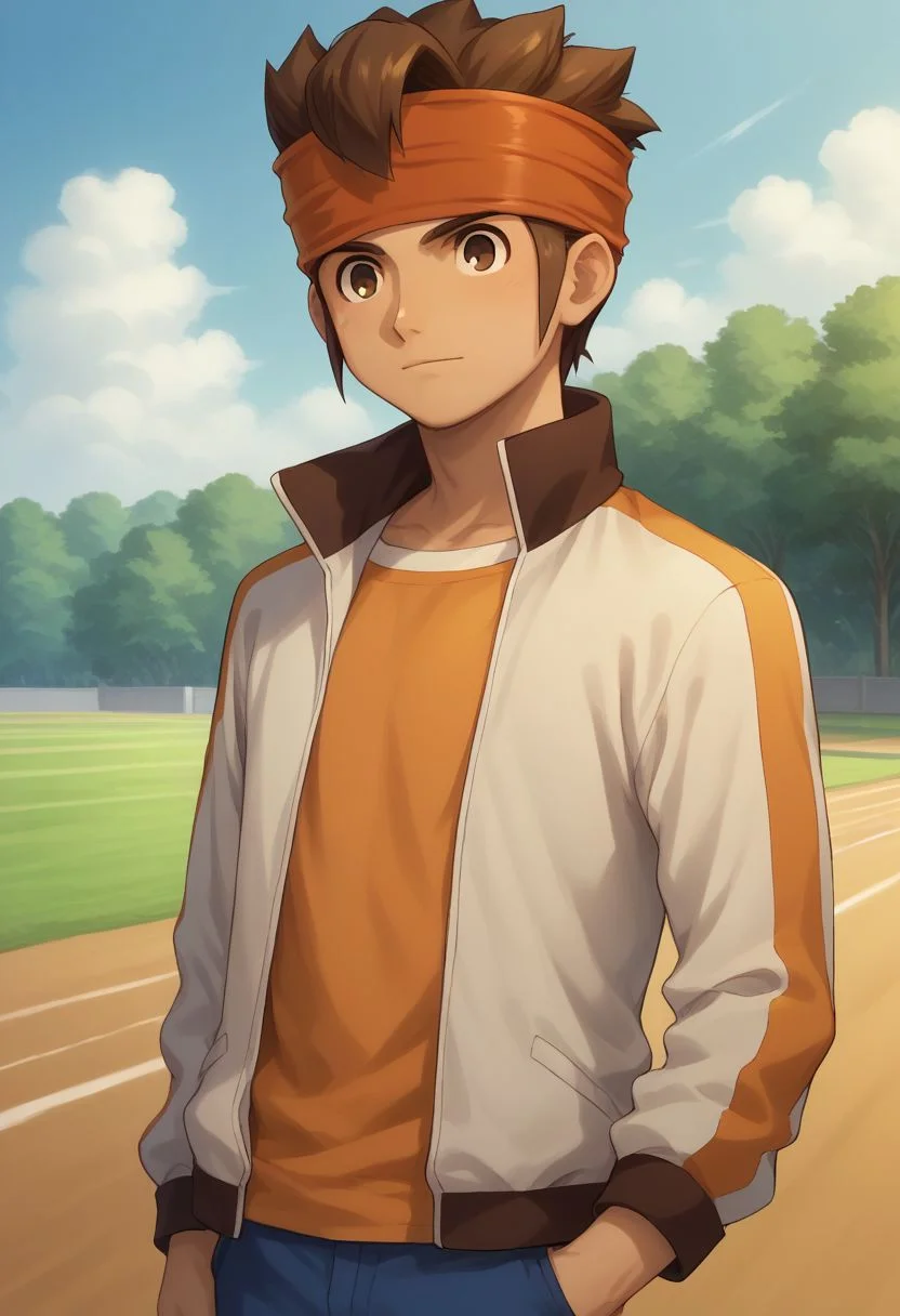 score_9, score_8_up, score_7_up, source_anime, highly detailed,
endou, 1boy, male focus, headband, solo, brown hair, brown eyes, jacket, pants, open jacket, track jacket, orange shirt, blue pants, upper body,
outside,