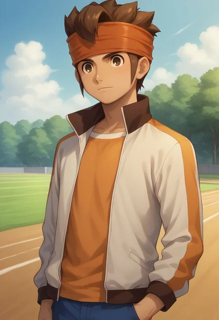 score_9, score_8_up, score_7_up, source_anime, highly detailed,
endou, 1boy, male focus, headband, solo, brown hair, brown eyes, jacket, pants, open jacket, track jacket, orange shirt, blue pants, upper body,
outside,
