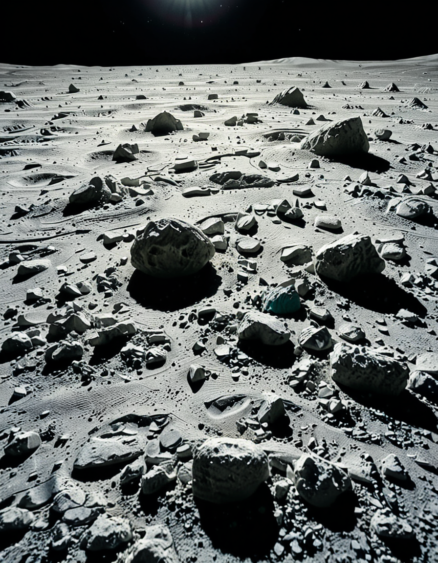 A high-resolution photograph of the Moon's surface, showcasing its rocky, cratered terrain with fine lunar dust. The foreground is dominated by detailed lunar regolith, with small rocks and uneven textures illuminated by the harsh, direct sunlight. Shadows are sharp and deep due to the lack of atmosphere. In the background, Earth appears as a vibrant blue and white sphere, partially illuminated, contrasting against the blackness of space. The composition is balanced, with Earth positioned slightly off-center to create a sense of depth and scale. The lighting is natural, with the Sun casting a bright glow on the lunar surface while leaving some areas in darkness, emphasizing the stark and desolate beauty of the Moon.
<lora:SDXLFaeTastic2400:0.4> <lora:extremely_detailed:0.4> extremely detailed, <lora:moon_surf4c3_v2:1>,moon surf4c3, Masterpiece,best quality,hi res,8k,hi res,8k,award winning,(sharp focus, intricate, highly detailed),